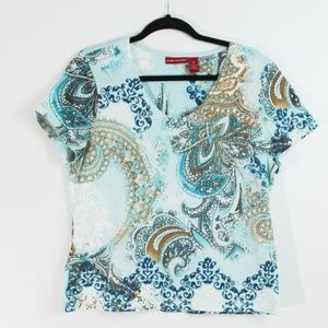 Gloria Vanderbilt Teal Print Cap Sl Shirt Sz XL